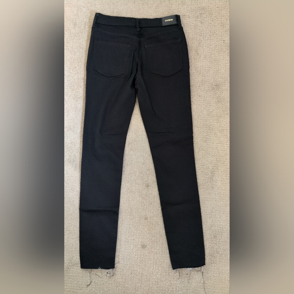 Express Mid Rise Skinny Black Frayed Fringe Hem Long Denim/ Jeans - Picture 10 of 14